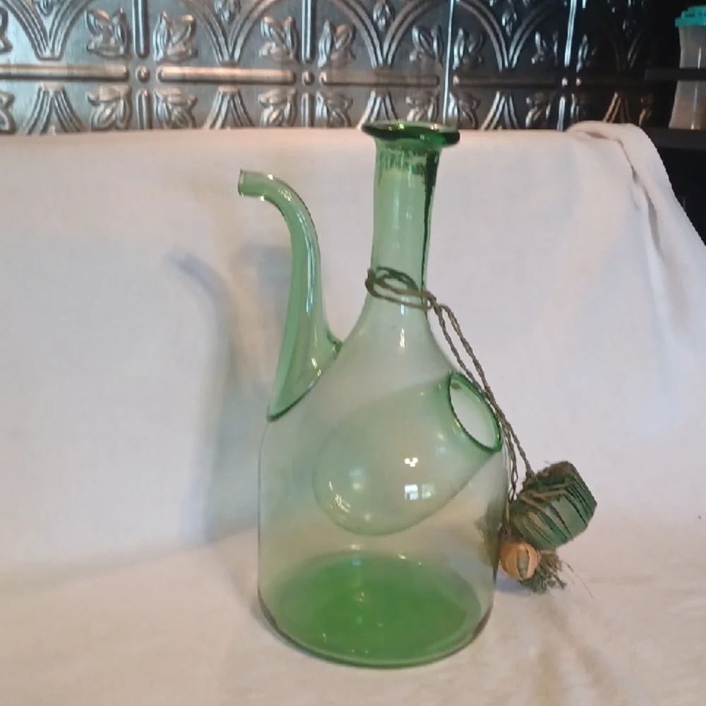 Green Glass Decanter with Rustic Accents Italy